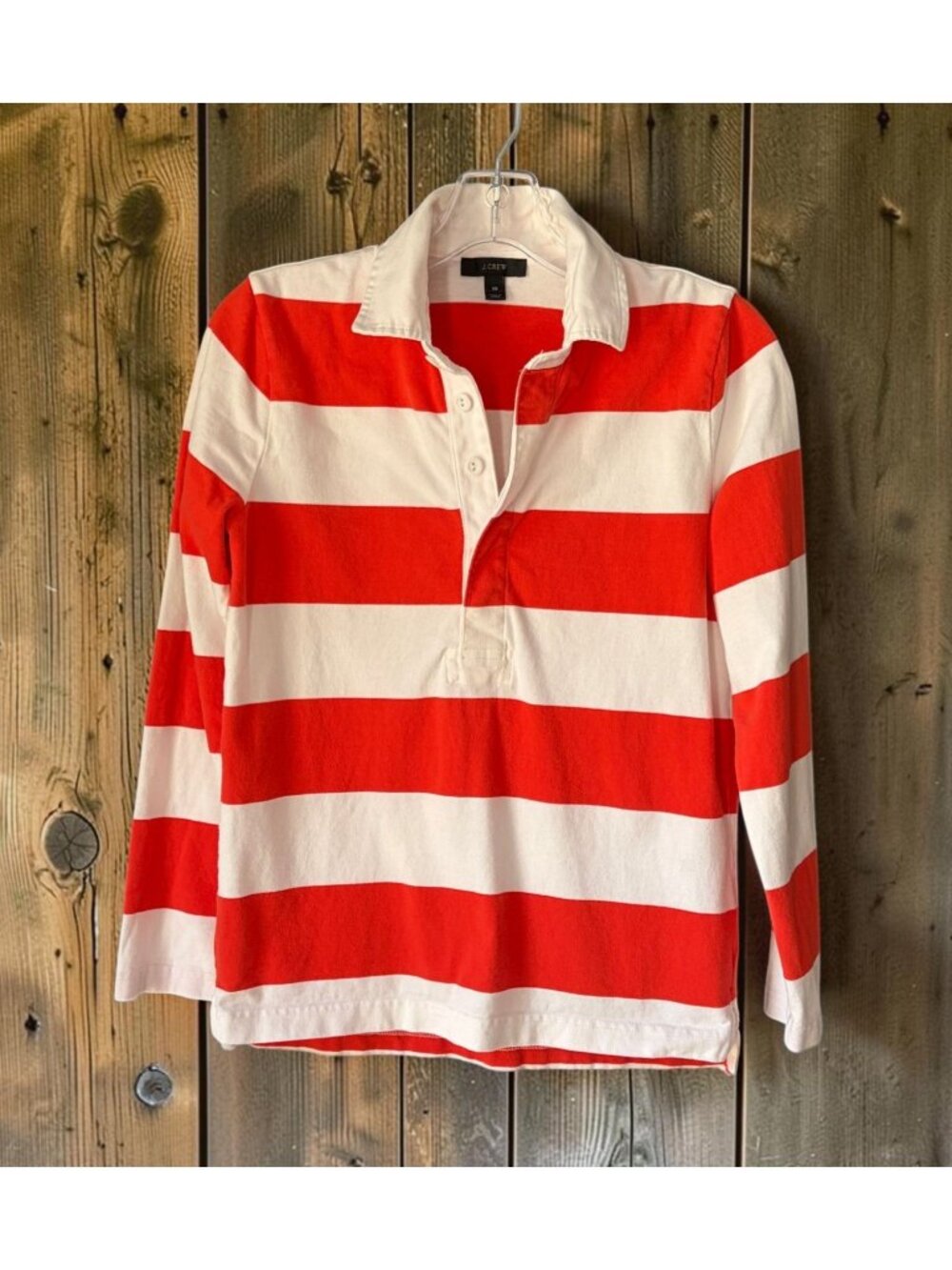 J.Crew Women’s XS Orange White Stripe Rugby Shirt Long Sleeve Top 100% Cotton